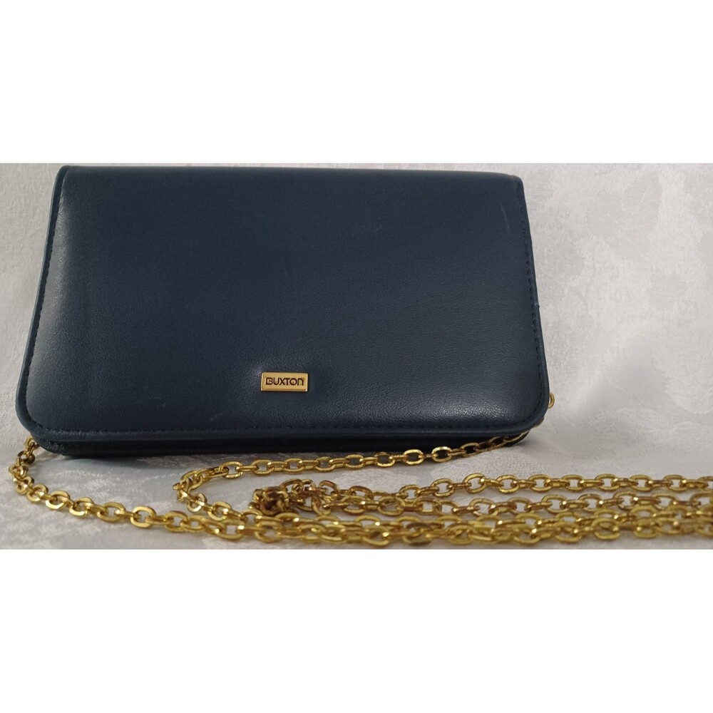 BUXTON SOFT LEATHER GOLD CHAIN STRAP BLUE CROSSBODY PURSE WALLET CLUTCH BAG